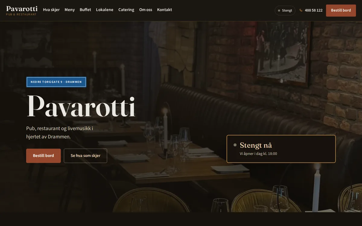 The Pavarotti Pub website with table booking